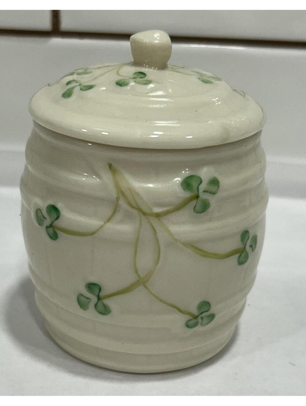 Belleek Shamrock Barrel Rinket Jar Ivory w/ handpainted shamrocks -Ireland
